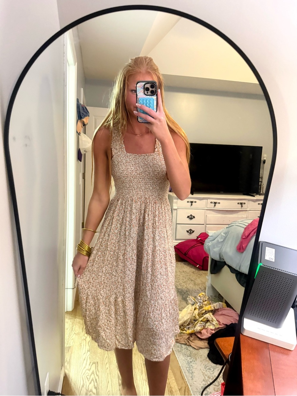 American Eagle Outfitters Beige Floral Smocked Midi Dress
